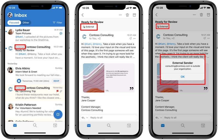 External tag in de Outlook Mobile app